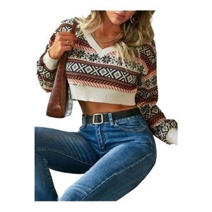 ZAFUL Drop Shoulder Women Ivory Snowflakes Aztec Plunging V Crop Sweater Sz L